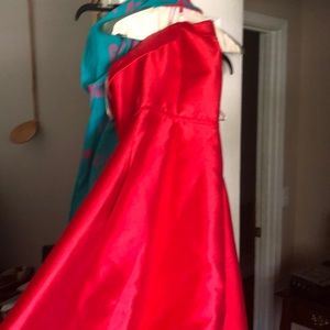 Red strapless satan prom dress